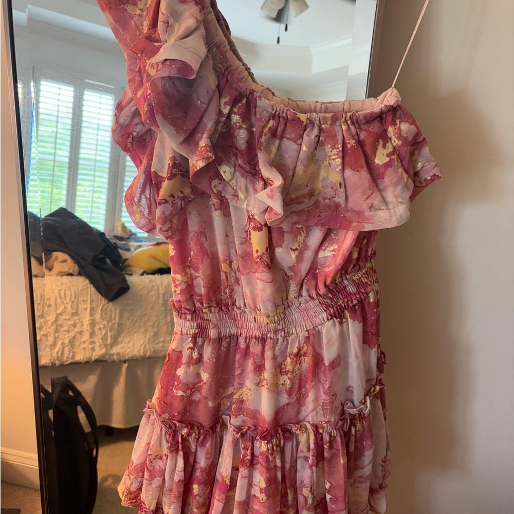 Floral One-Shoulder Ruffle Mini Dress